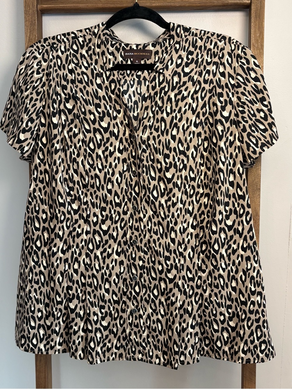 Dana Buchman Taupe and Black Leopard Print Button-Down Top